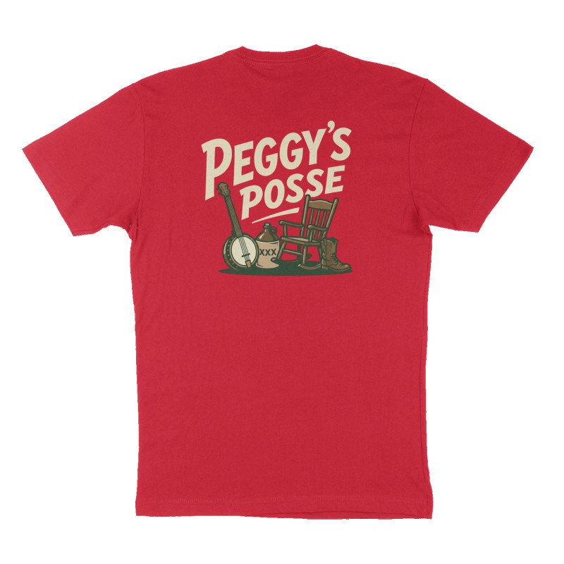 Custom t-shirt: "Peggy’s Posse", Back print, red shirt