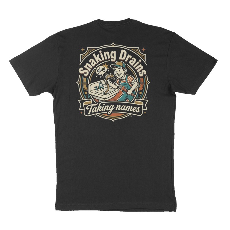 Custom t-shirt: "Snaking Drains", Back print, black shirt