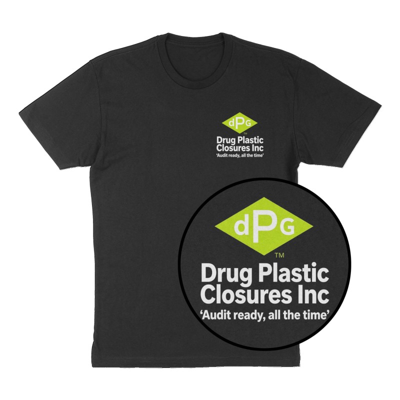 Custom t-shirt: "Drug Plastic Closures Inc", Left Chest print, black shirt