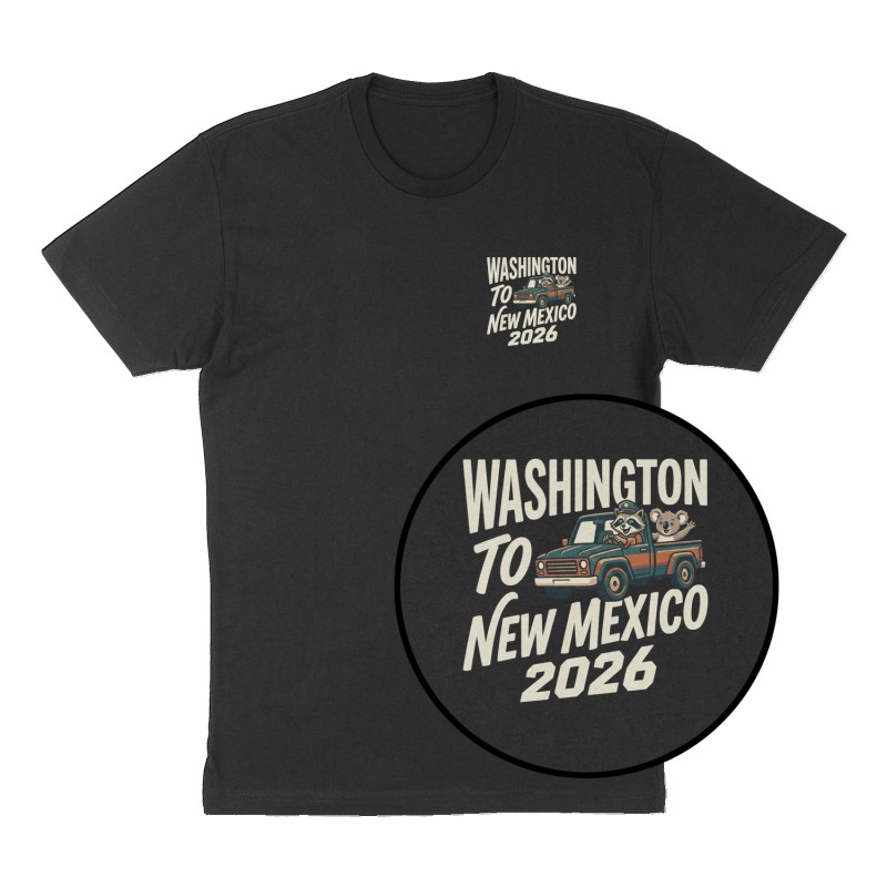 Custom t-shirt: "Washington to New Mexico 2026", Left Chest print, black shirt