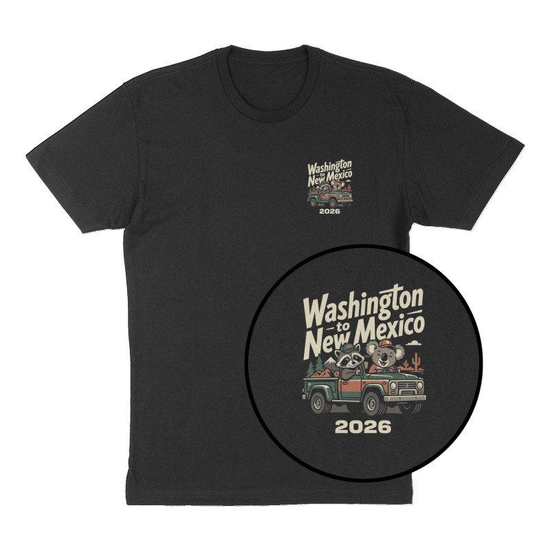 Custom t-shirt: "Washington to New Mexico 2026", Left Chest print, black shirt