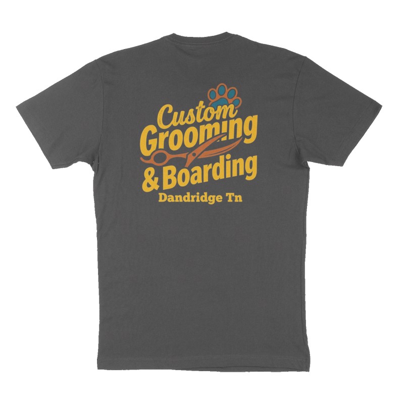 Custom t-shirt: "Custom Grooming  & Boarding ", Back print, charcoal shirt