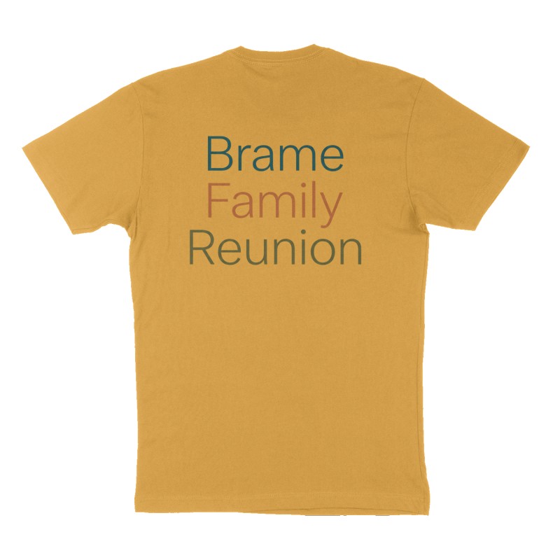 Custom t-shirt: "Brame Family Reunion", Back print, mustard-yellow shirt