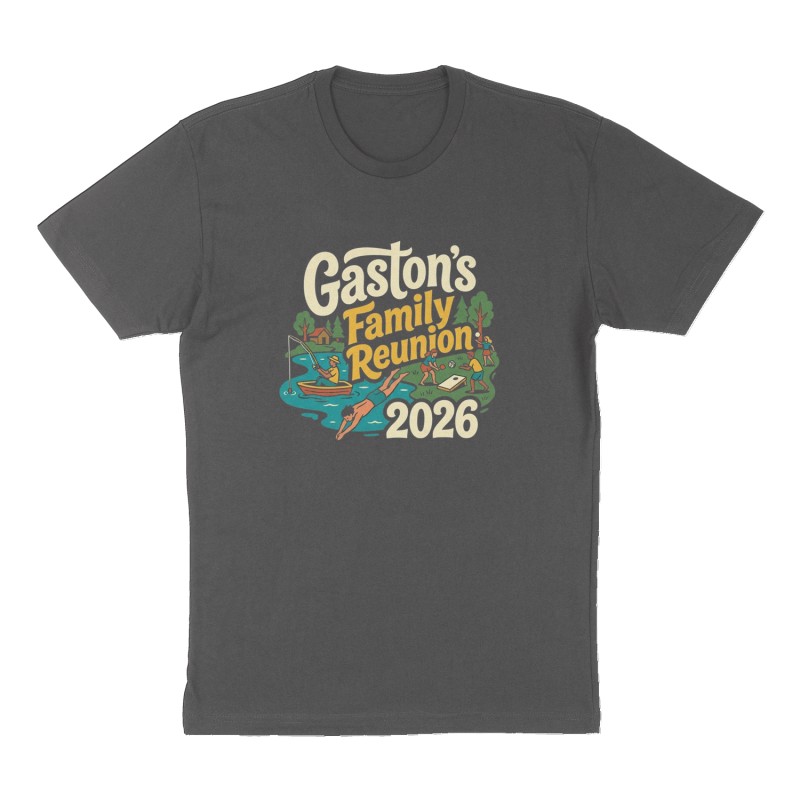 Custom t-shirt: "Gaston's Family Reunion 2026", Front print, charcoal shirt