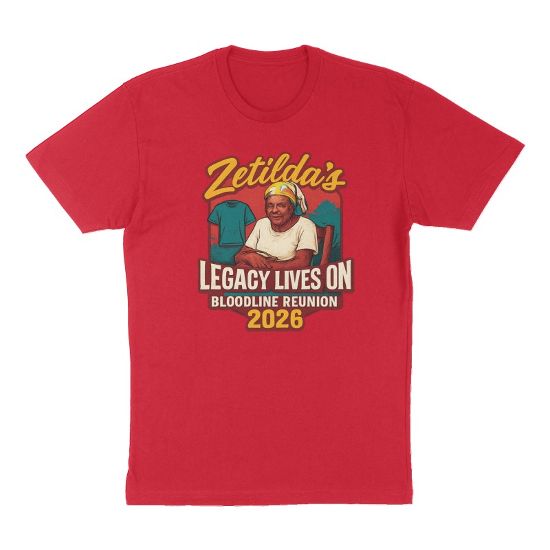 Custom t-shirt: "Zetilda’s Legacy Lives On", Front print, red shirt