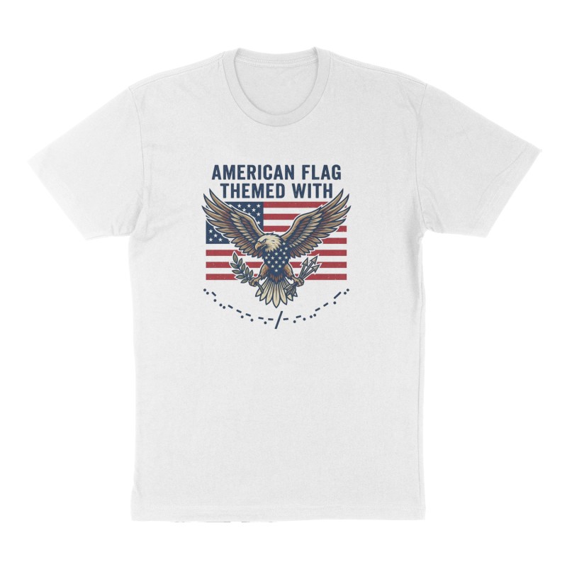Custom t-shirt: "American flag themed with ..-. ..- -.-. -.- / - .-. ..- -- .--..  worked into the design", Front print, white shirt