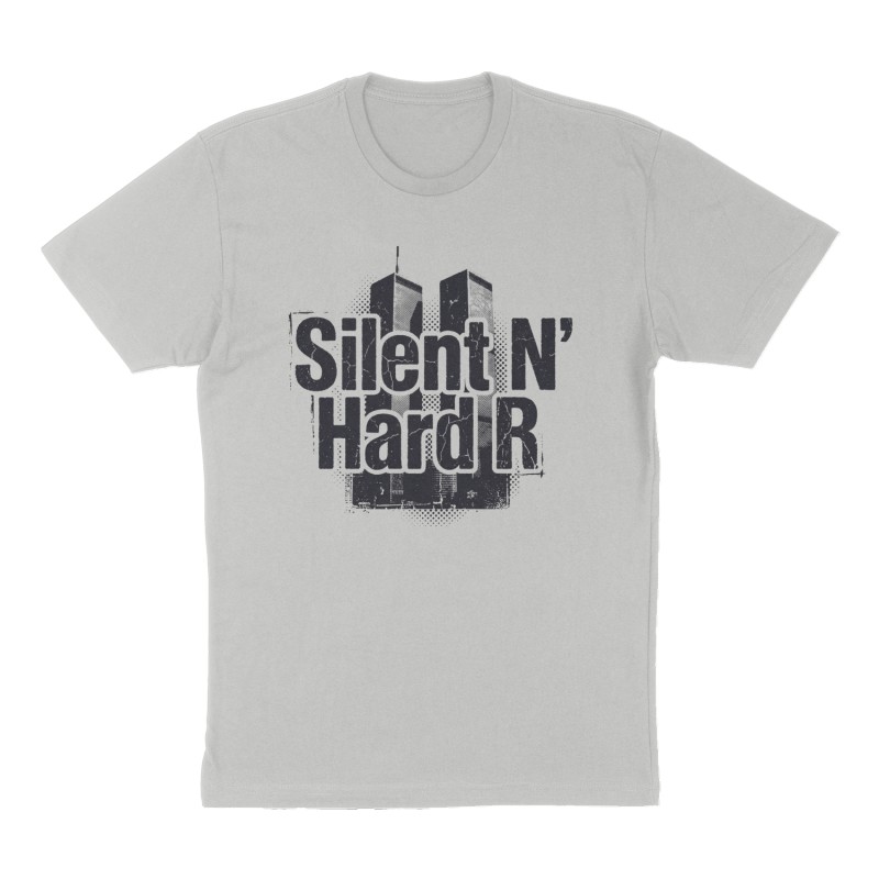 Custom t-shirt: "Silent N Hard R", Front print, heather-gray shirt