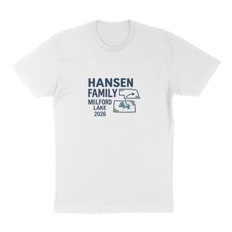Custom t-shirt: "Hansen family Milford Lake 2026", Front print, white shirt