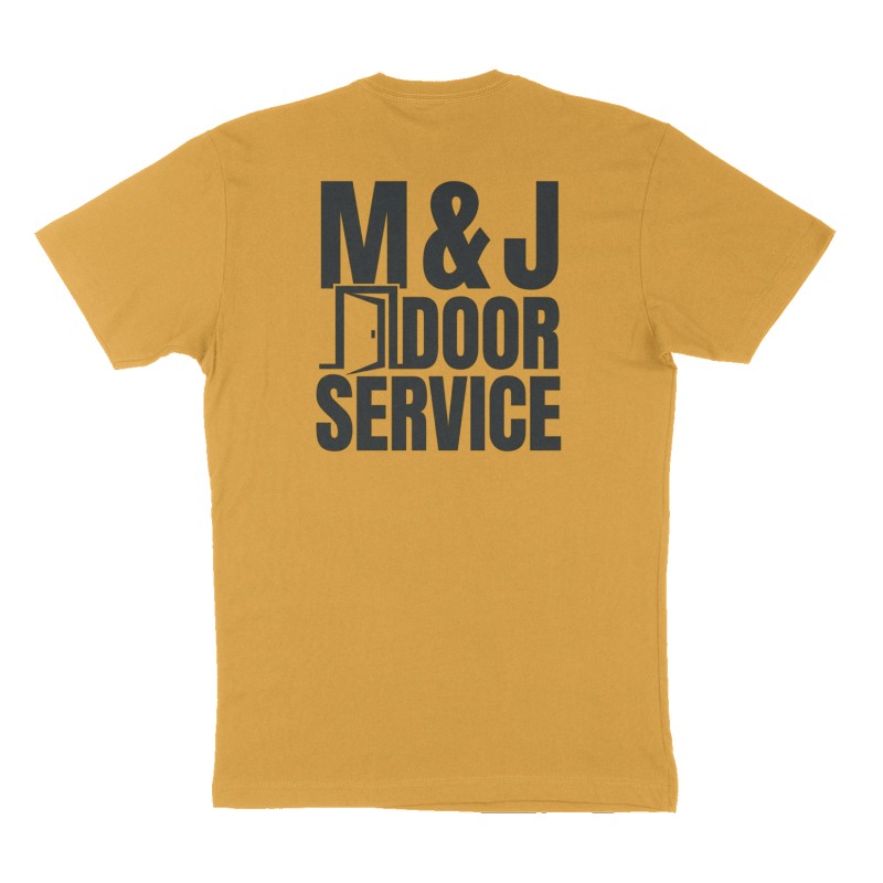 Custom t-shirt: "M & J Door Service ", Back print, mustard-yellow shirt