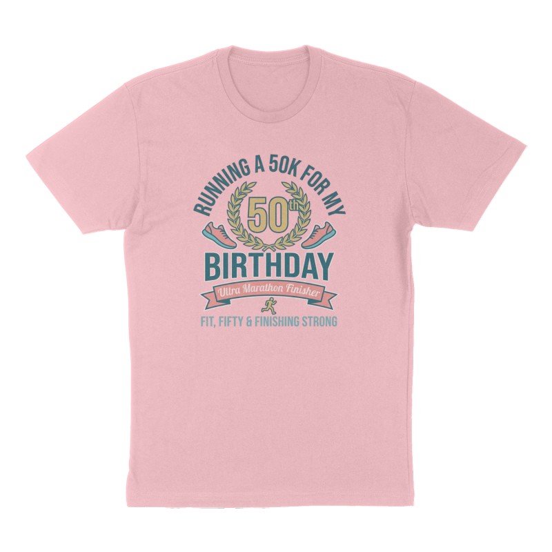 Custom t-shirt: "Running a 50 K for my 50th birthday", Front print, pink shirt