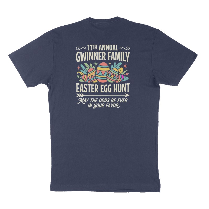 Attached design: "Egg hunt 2026", Back print, navy shirt
