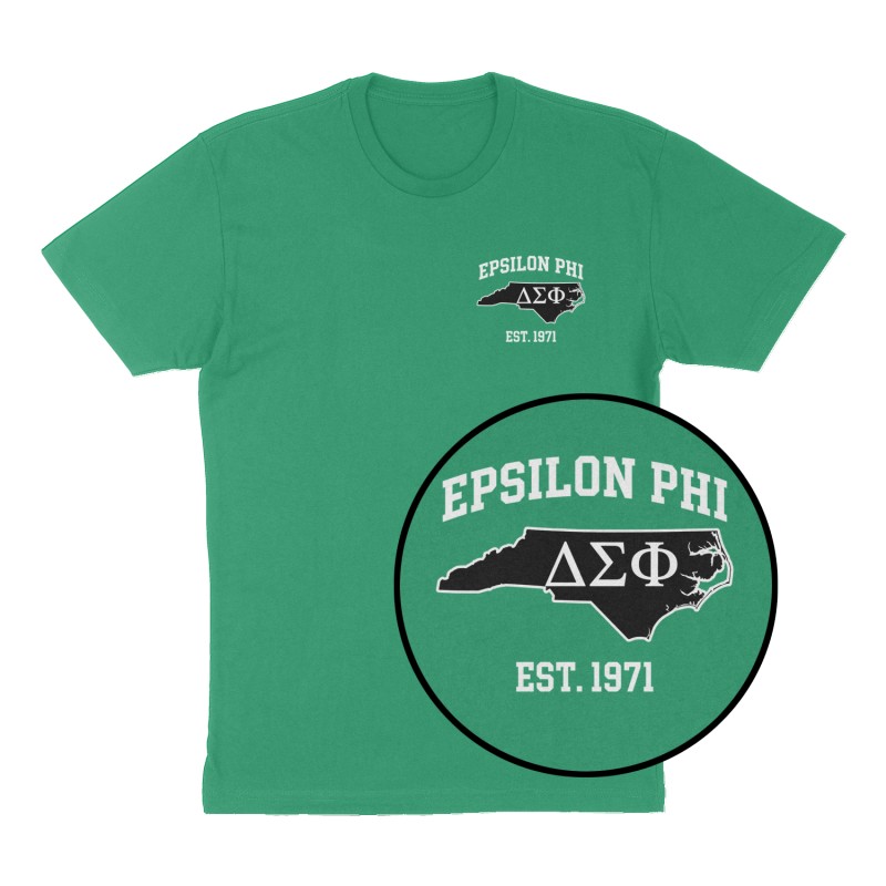 Custom t-shirt: "Epsilon Phi", Left Chest print, green shirt