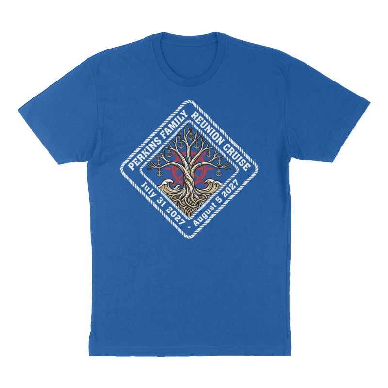 Custom t-shirt: "PERKINS FAMILY REUNION CRUISE", royal-blue shirt