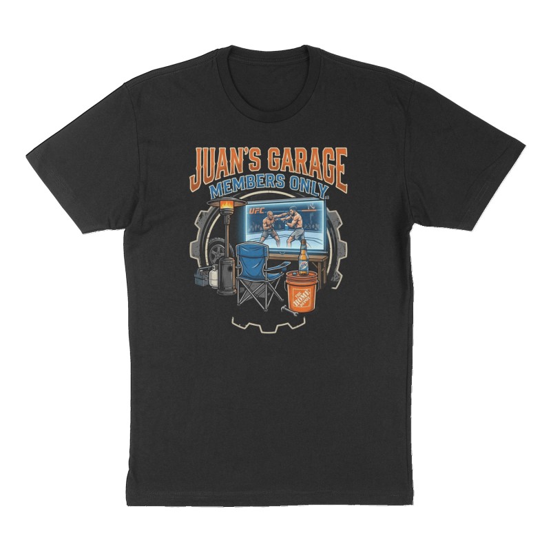 Custom t-shirt: "Juan's Garage Members Only", Front print, black shirt