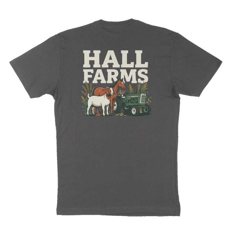 Custom t-shirt: "Hall Farms", Back print, charcoal shirt