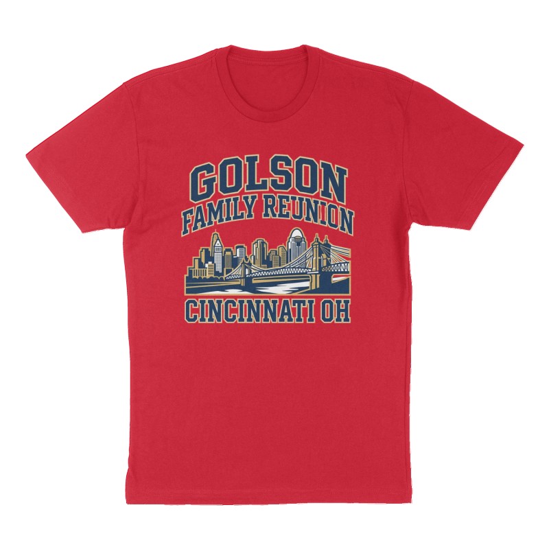 Custom t-shirt: "Golson Family Reunion Cincinnati OH", Front print, red shirt