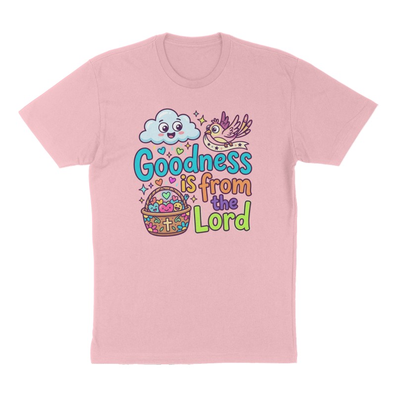 Custom t-shirt: "Goodness is from the Lord", Front print, pink shirt