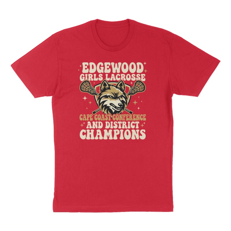 Custom t-shirt: "Edgewood Girls Lacrosse Cape Coast Conference and District  Champions", Front print, red shirt