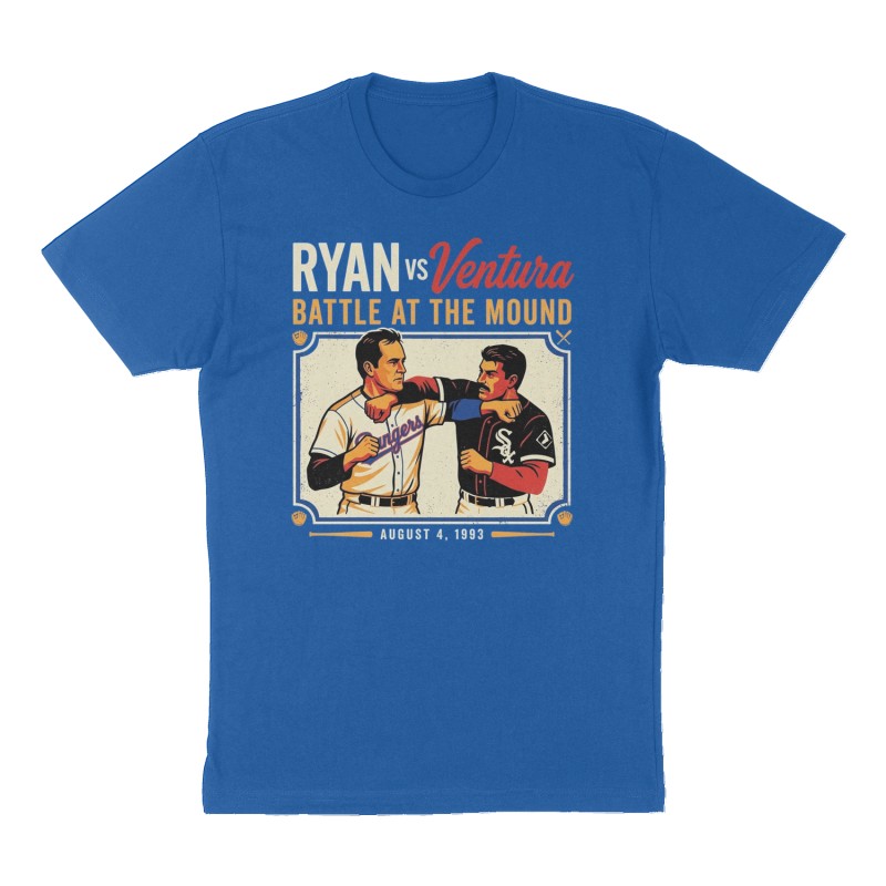 Custom t-shirt: "Ryan vs Ventura: Battle at the mound ", Front print, royal-blue shirt