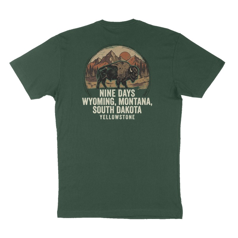 Custom t-shirt: "Nine Days Wyoming, Montana, South Dakota", Back print, forest-green shirt