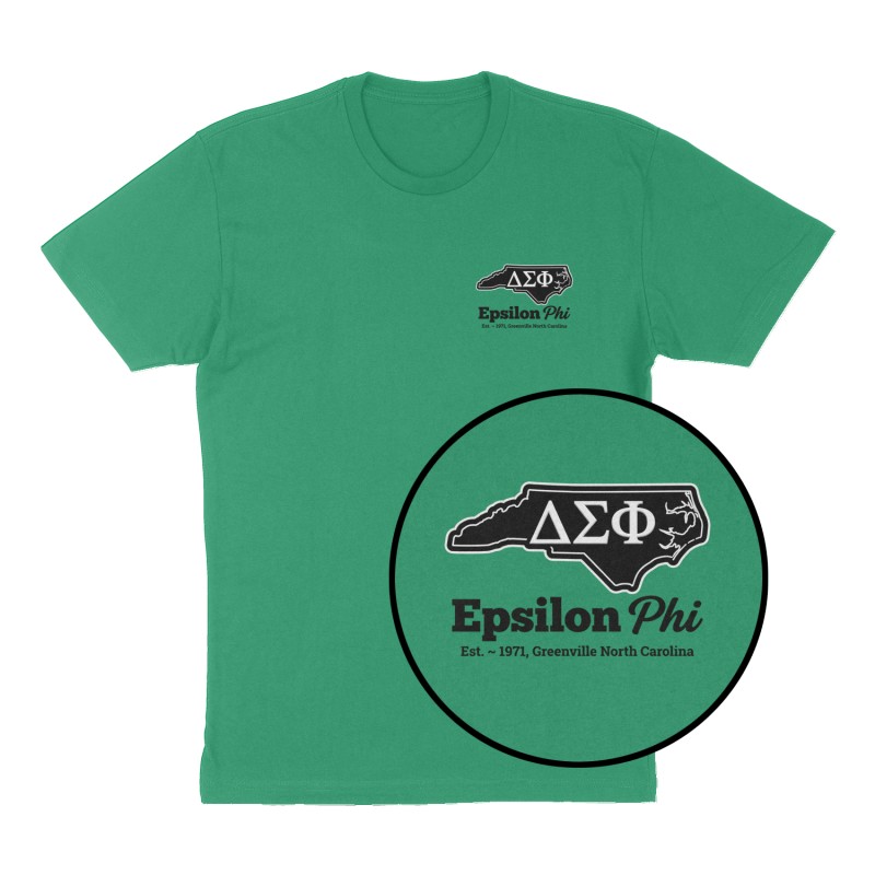 Custom t-shirt: "Epsilon Phi", Left Chest print, green shirt
