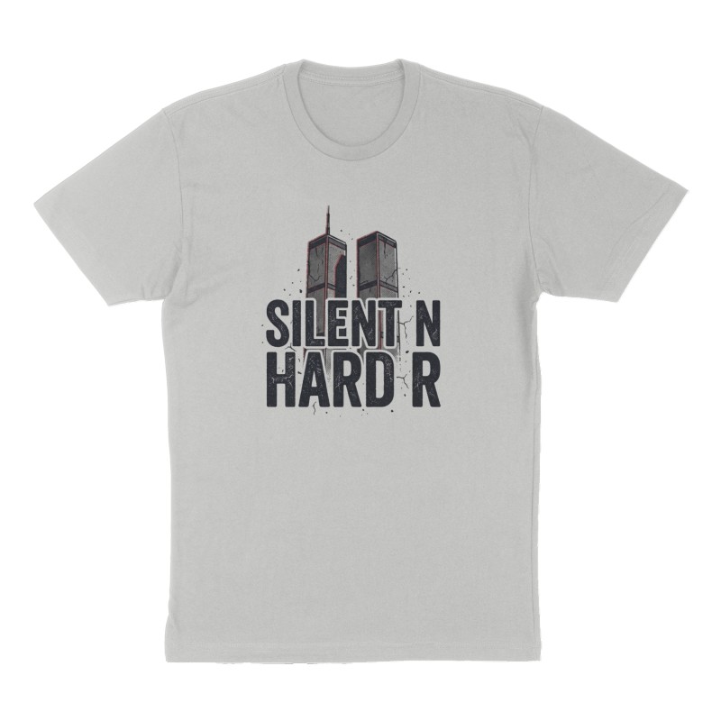 Custom t-shirt: "Silent N Hard R", Front print, heather-gray shirt