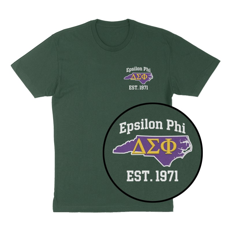 Custom t-shirt: "Epsilon Phi", Left Chest print, forest-green shirt