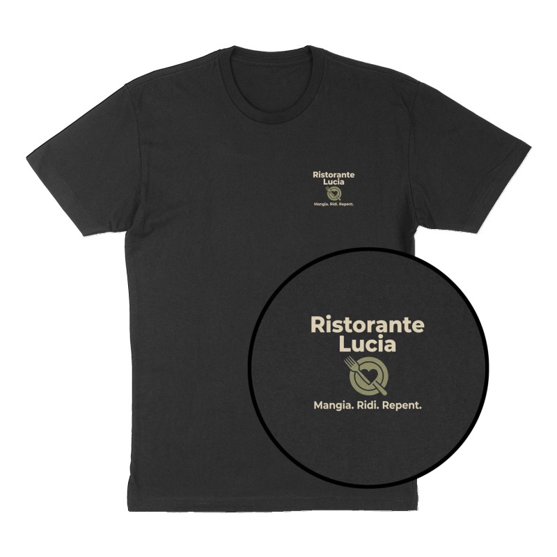 Custom t-shirt: "Ristorante Lucia", Left Chest print, black shirt