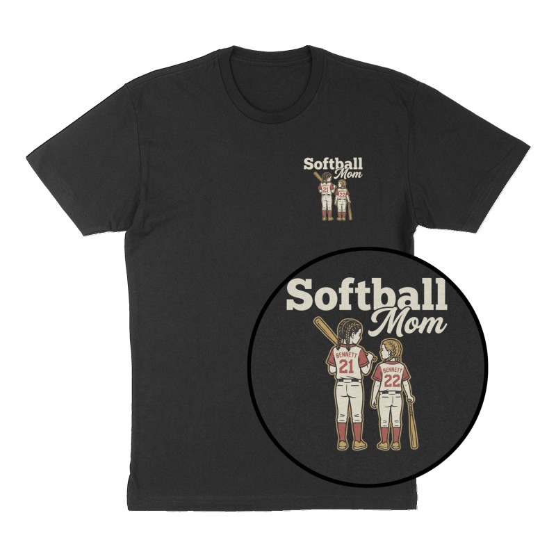 Custom t-shirt: "Softball Mom", Left Chest & Back print, black shirt