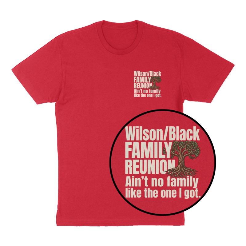 Custom t-shirt: "Wilson/Black FAMILY REUNION", Left Chest print, red shirt
