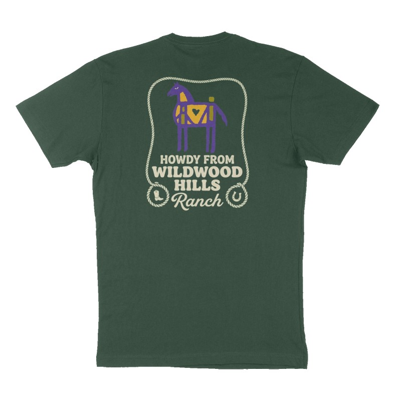 Custom t-shirt: "Howdy from wildwood hills ranch", Back print, forest-green shirt
