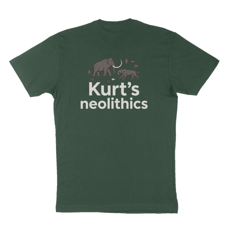 Custom t-shirt: "Kurt’s neolithics", Back print, forest-green shirt