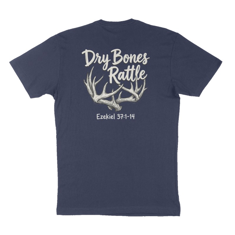 Custom t-shirt: "Dry Bones Rattle ", Back print, navy shirt