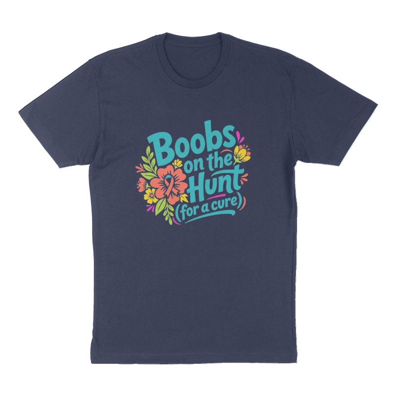 Custom t-shirt: "Boobs on the Hunt (for a cure)", Front print, navy shirt