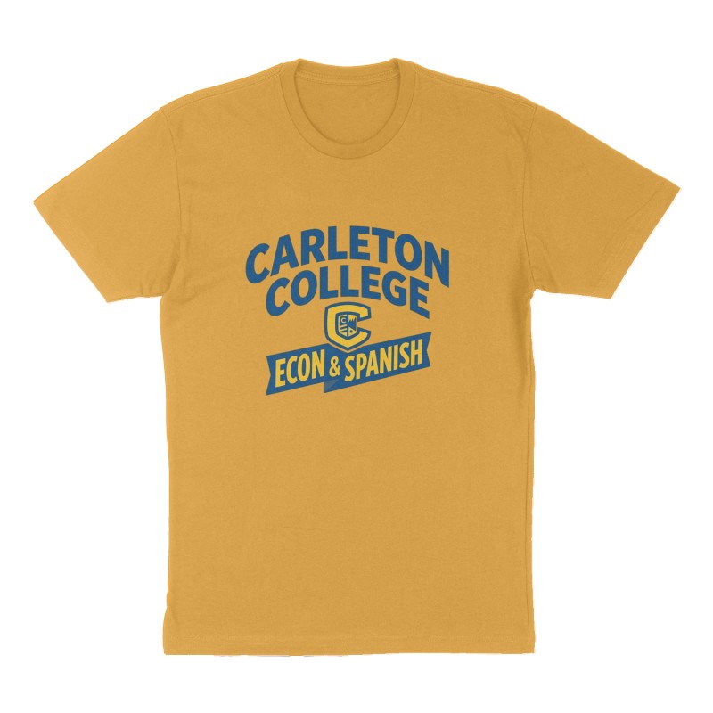 Custom t-shirt: "Carleton College", Front print, mustard-yellow shirt