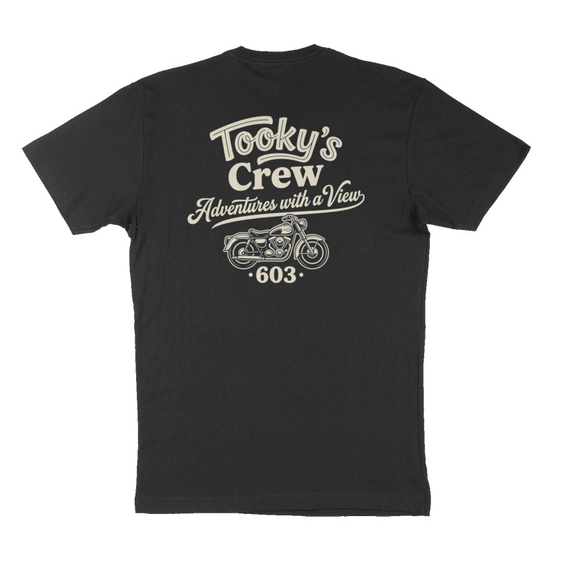 Custom t-shirt: "Tooky's Crew Adventures with a View", Back print, black shirt