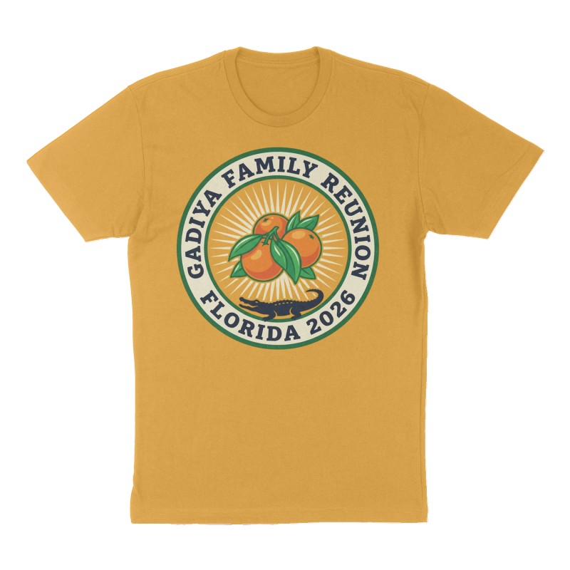 Custom t-shirt: "Gadiya Family Reunion", mustard-yellow shirt