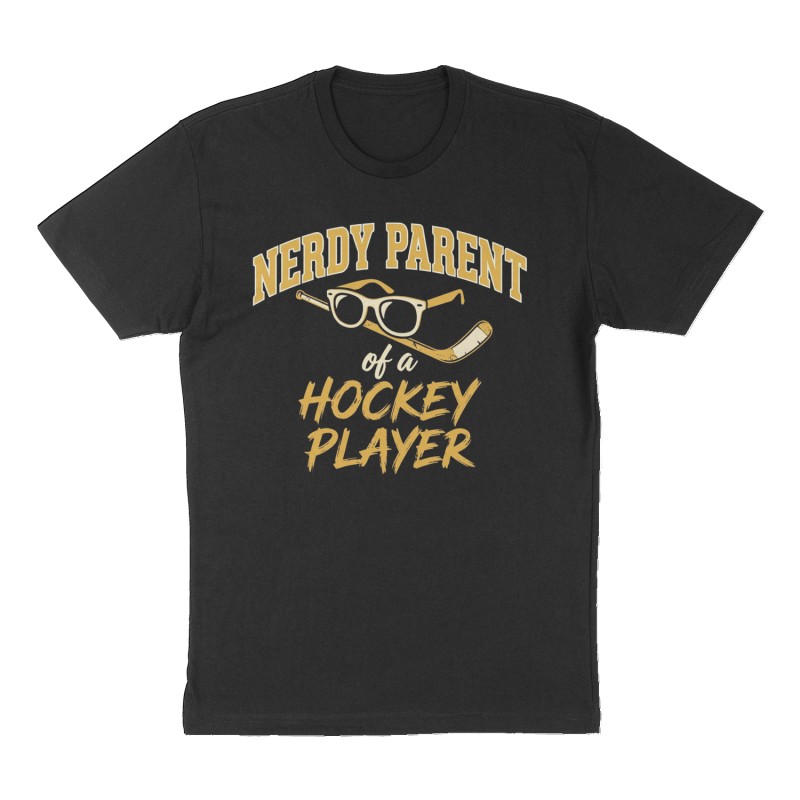 Custom t-shirt: "Nerdy Parent of a Hockey Player", Front print, black shirt