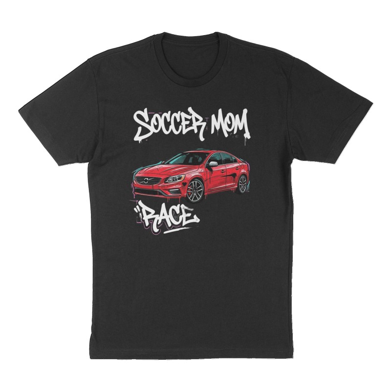 Custom t-shirt: "Soccer mom race car", Front print, black shirt
