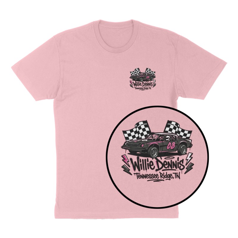 Attached design: "Willie Dennis ", Left Chest print, pink shirt