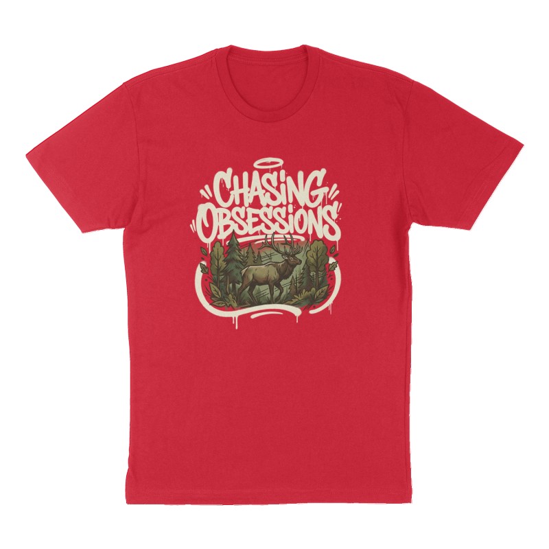 Custom t-shirt: "Chasing Obsessions ", Front print, red shirt