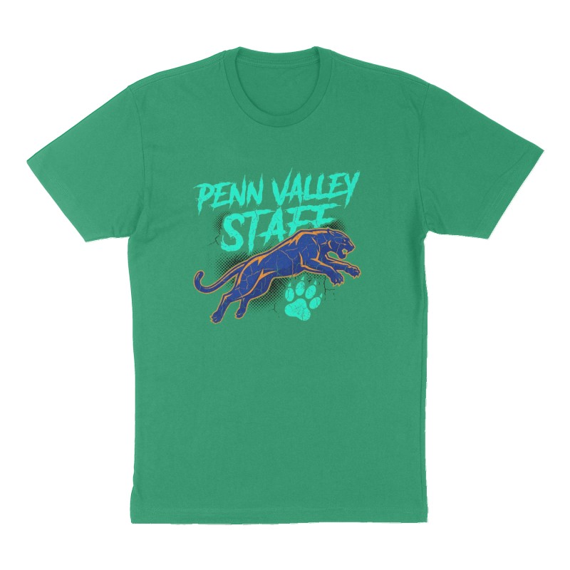 Custom t-shirt: "Penn Valley Staff", Front print, green shirt