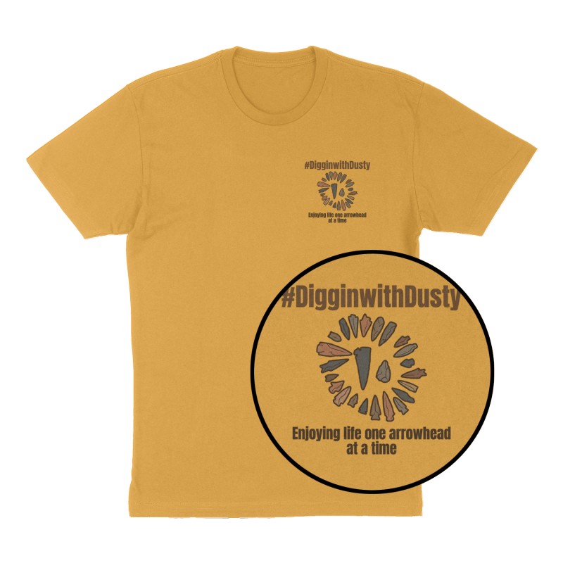 Custom t-shirt: "#DigginwithDusty ", Left Chest print, mustard-yellow shirt