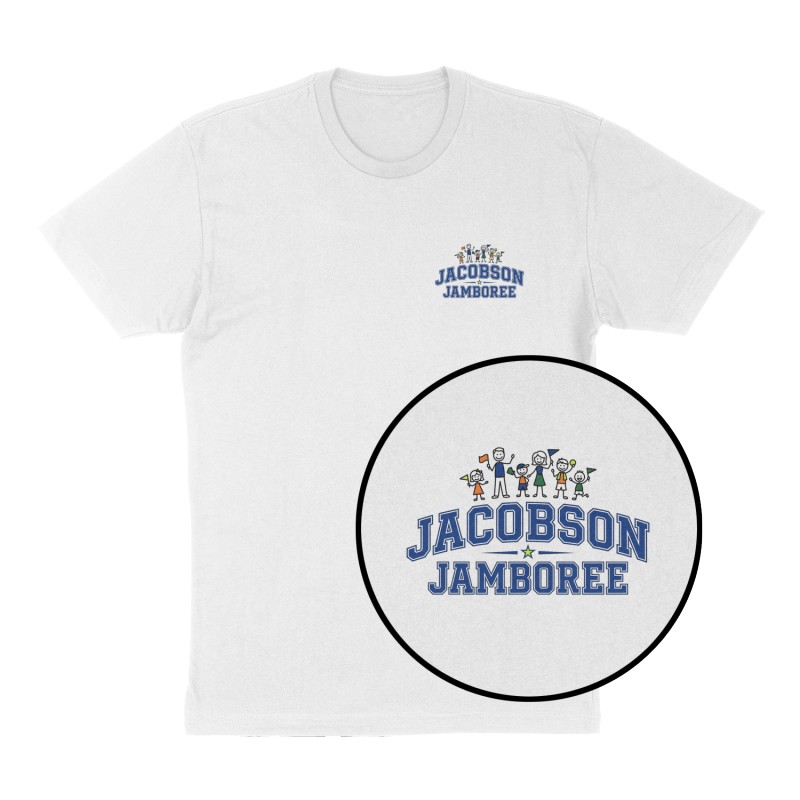 Custom t-shirt: "Jacobson Jamboree", Left Chest print, white shirt