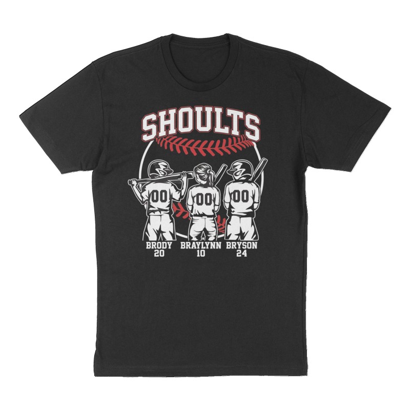 Custom t-shirt: "Shoults", Front print, black shirt