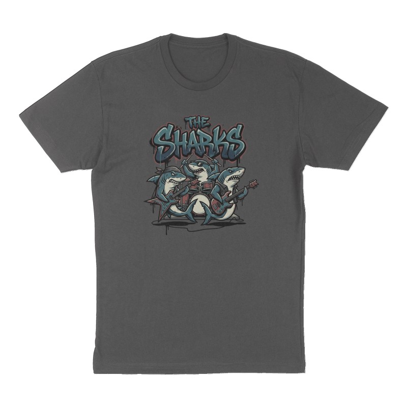 Custom t-shirt: "The Sharks", Front print, charcoal shirt