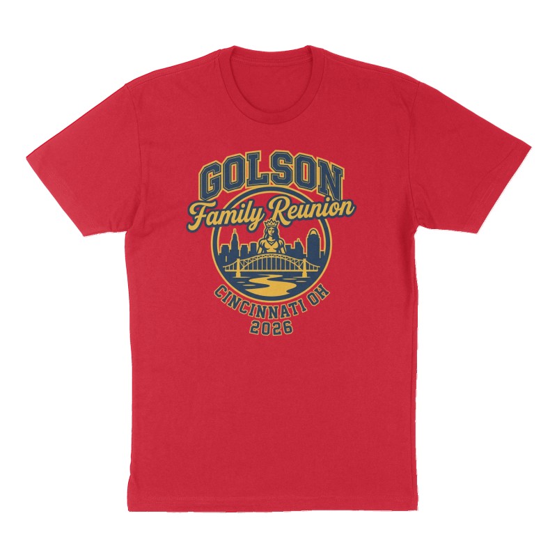 Custom t-shirt: "Golson Family Reunion Cincinnati OH 2026", Front print, red shirt