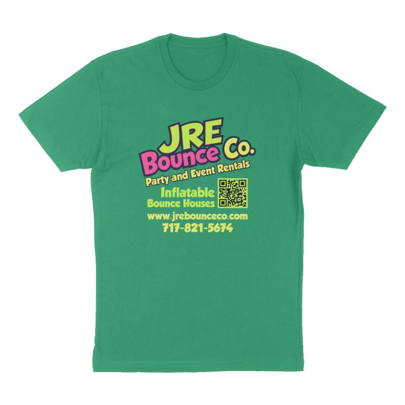 Custom t-shirt: "JRE Bounce Co.", Front print, green shirt