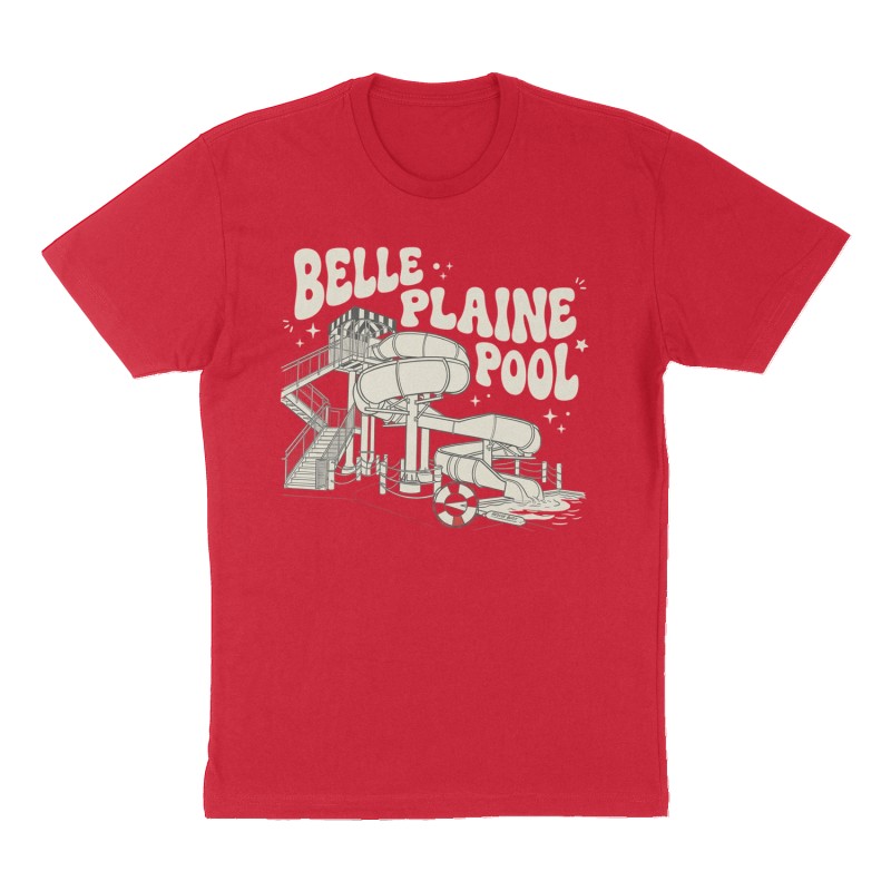 Custom t-shirt: "BELLE PLAINE POOL", Front print, red shirt
