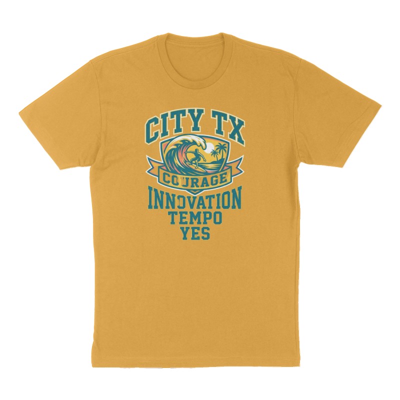 Custom t-shirt: "City Tx Courage Innovation Tempo Yes", Front print, mustard-yellow shirt